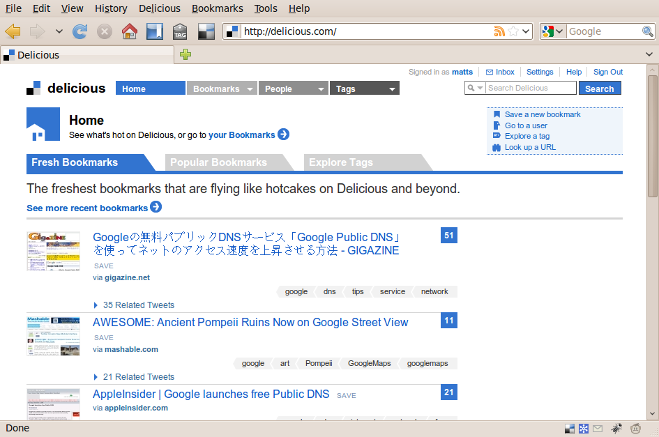 screenshot of the delicious hoem page